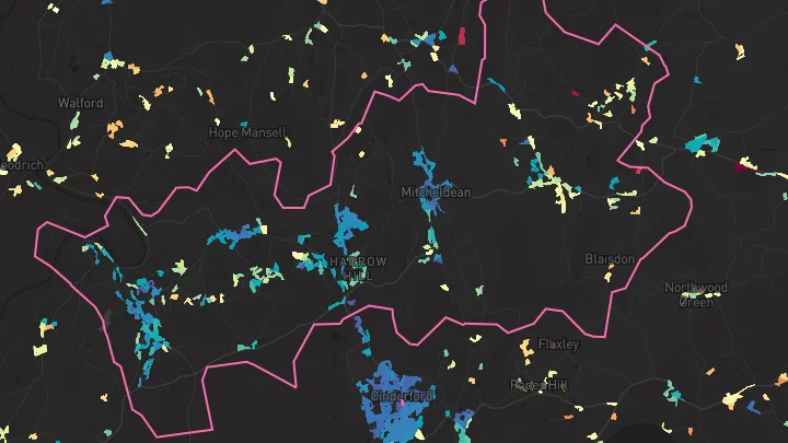 House price heatmap showing property values across Mitcheldean