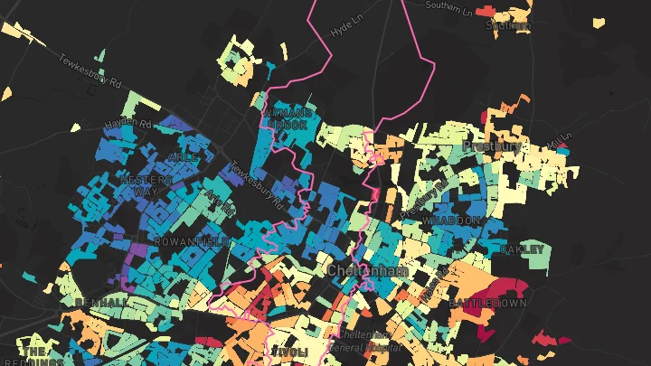 House price heatmap showing property values across Cheltenham