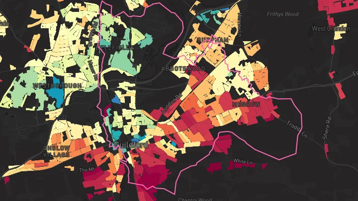 House price heatmap showing property values across Guildford
