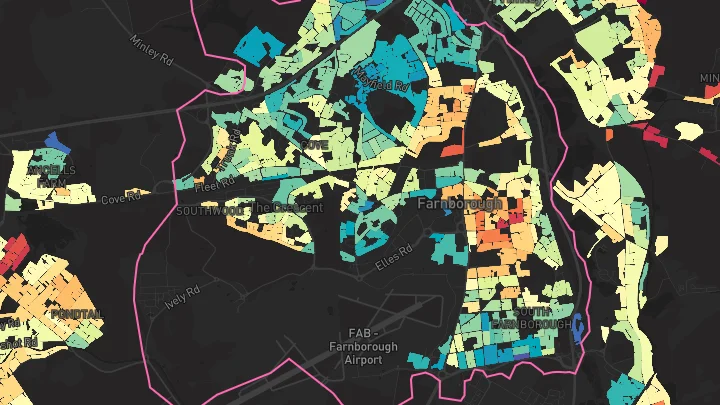 House price heatmap showing property values across Farnborough