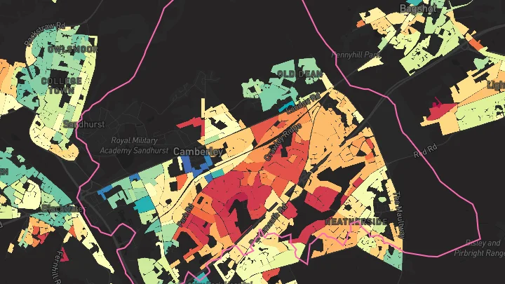 House price heatmap showing property values across Camberley