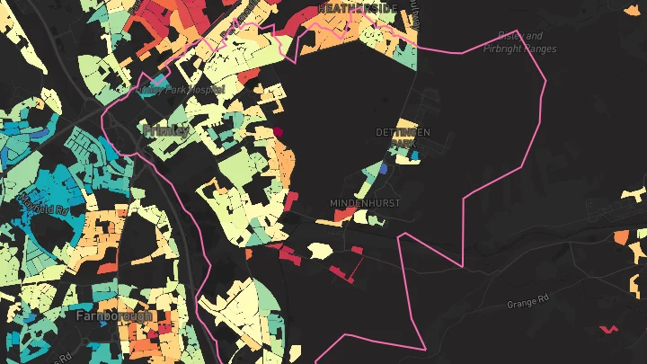 House price heatmap showing property values across Frimley