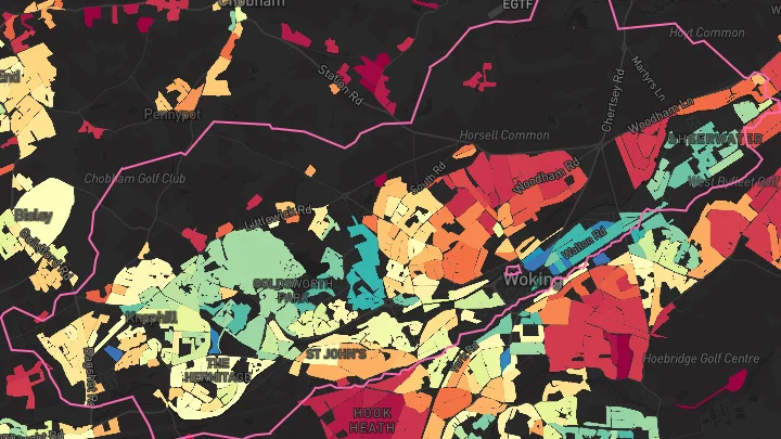 House price heatmap showing property values across Woking