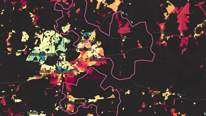 House price heatmap showing property values across Guildford