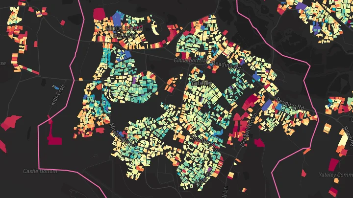 House price heatmap showing property values across Yateley