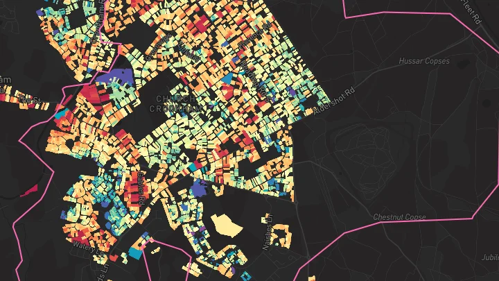 House price heatmap showing property values across Church Crookham