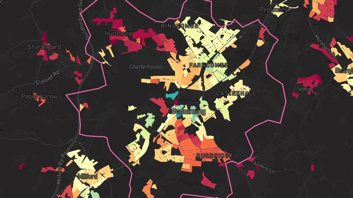 House price heatmap showing property values across Godalming
