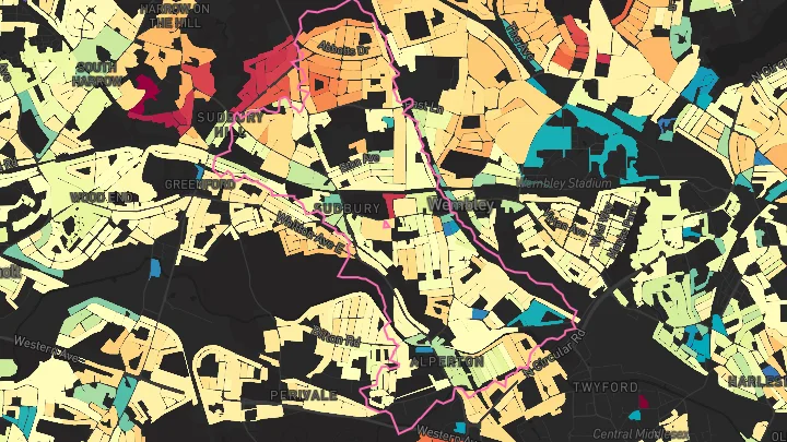 House price heatmap showing property values across Wembley