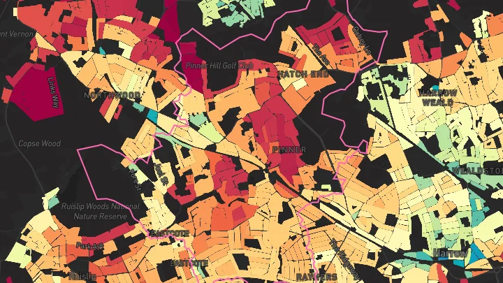 House price heatmap showing property values across Pinner