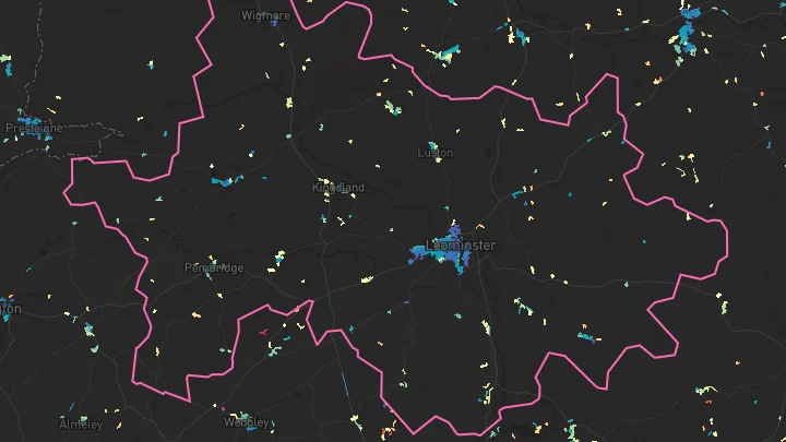 House price heatmap showing property values across Leominster