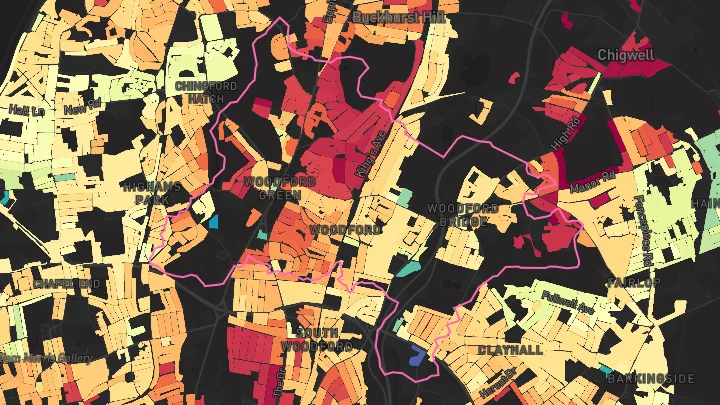 House price heatmap showing property values across Woodford Green