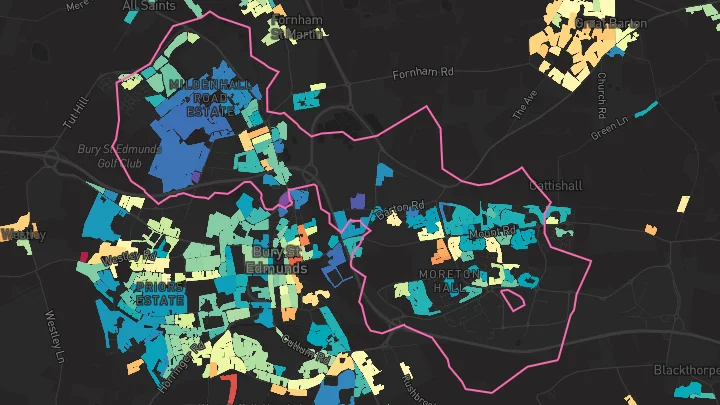 House price heatmap showing property values across Bury St Edmunds