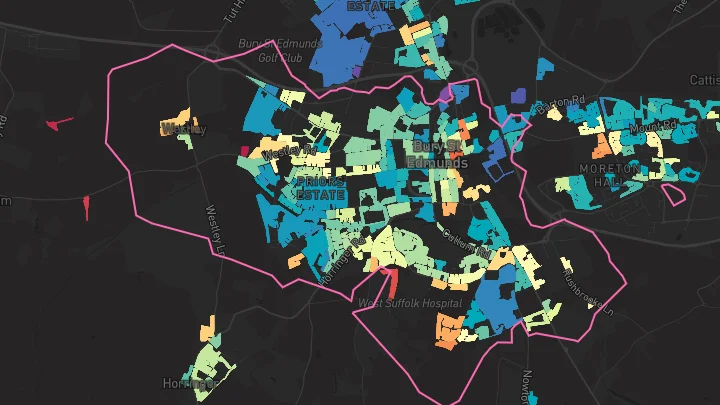House price heatmap showing property values across Bury St Edmunds