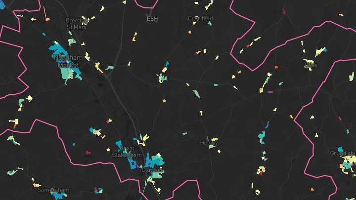 House price heatmap showing property values across Needham Market