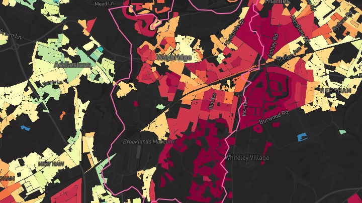 House price heatmap showing property values across Weybridge