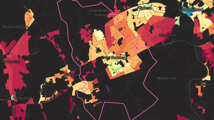 House price heatmap showing property values across Bookham