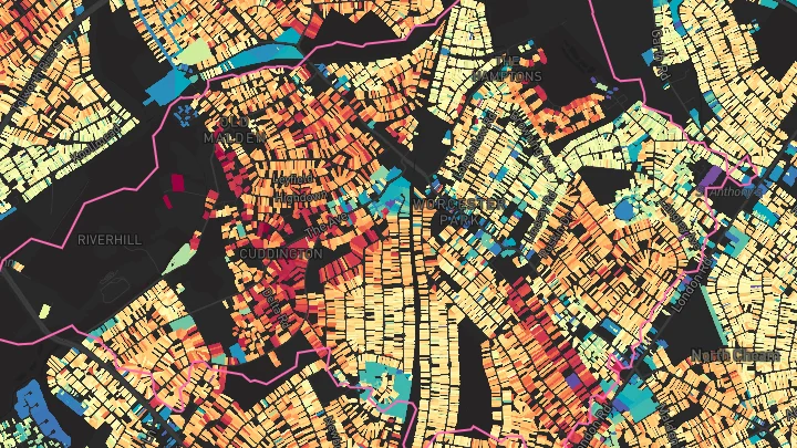 House price heatmap showing property values across Worcester Park