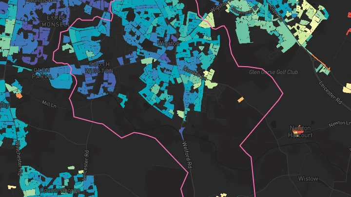 House price heatmap showing property values across Wigston