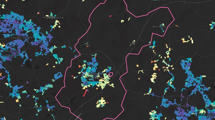 House price heatmap showing property values across Ashby-De-La-Zouch
