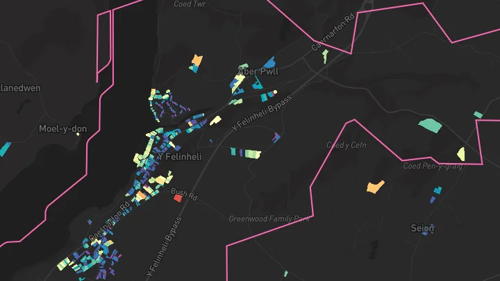 House price heatmap showing property values across Y Felinheli