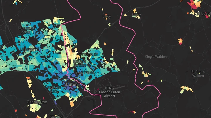 House price heatmap showing property values across Luton