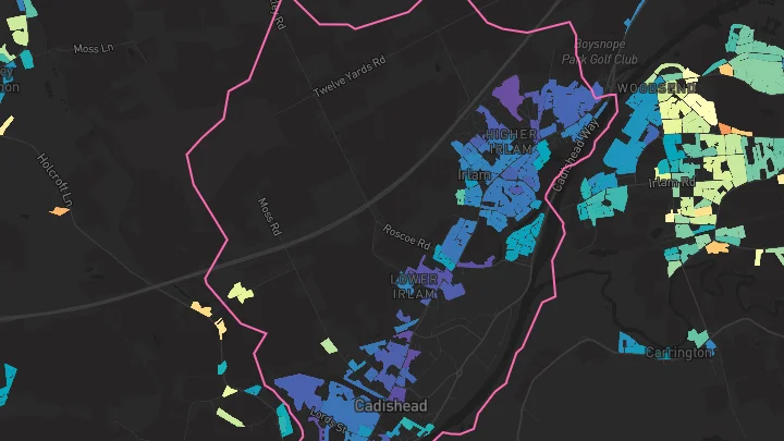 House price heatmap showing property values across Irlam