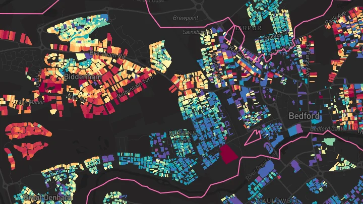 House price heatmap showing property values across Bedford