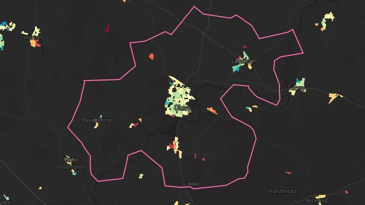 House price heatmap showing property values across Olney