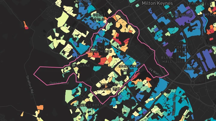 House price heatmap showing property values across Shenley Church End