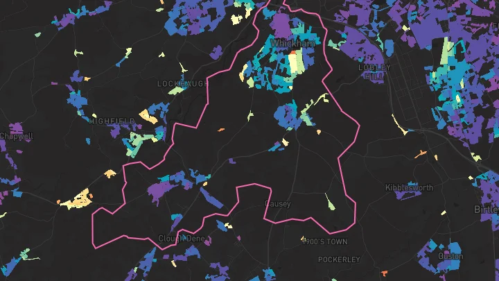 House price heatmap showing property values across Whickham