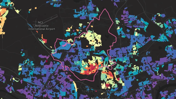 House price heatmap showing property values across Newcastle Upon Tyne