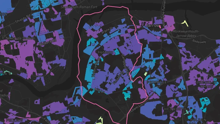 House price heatmap showing property values across Hebburn