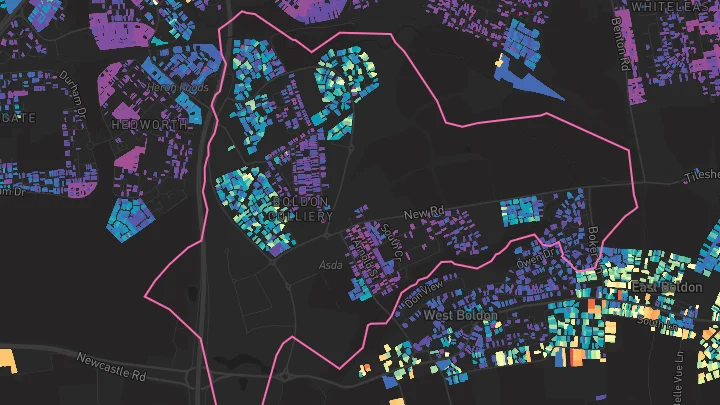 House price heatmap showing property values across Boldon Colliery