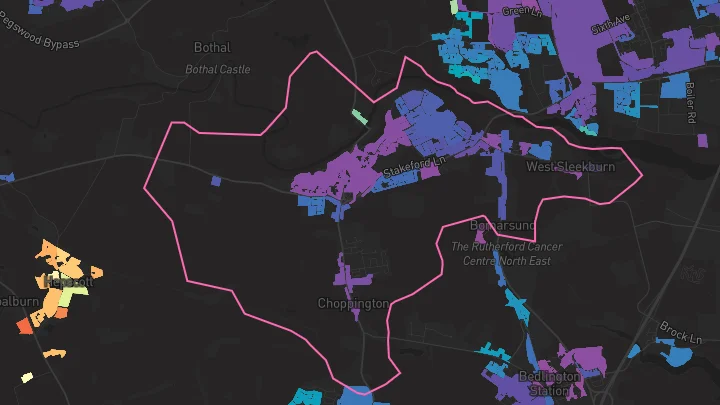 House price heatmap showing property values across Choppington