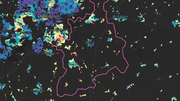 House price heatmap showing property values across Radcliffe On Trent