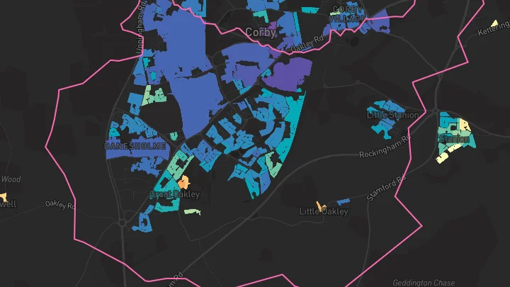 House price heatmap showing property values across Corby