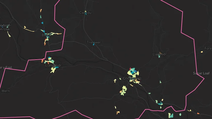 House price heatmap showing property values across Llangynidr