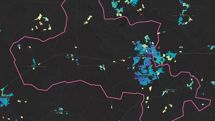 House price heatmap showing property values across Dereham