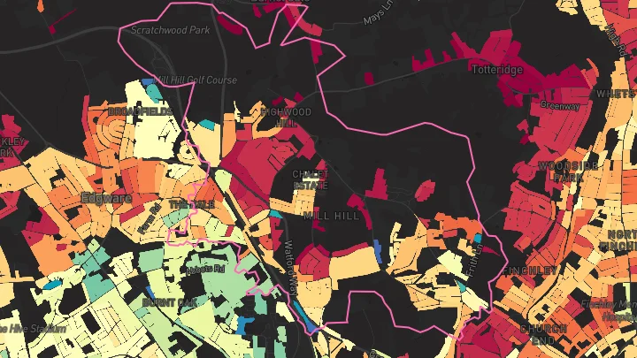House price heatmap showing property values across Mill Hill