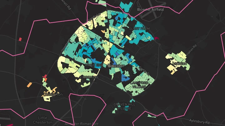 House price heatmap showing property values across Bicester