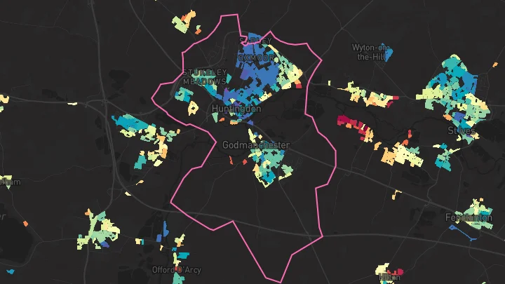 House price heatmap showing property values across Huntingdon