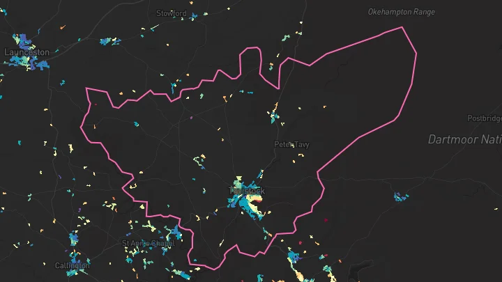House price heatmap showing property values across Tavistock