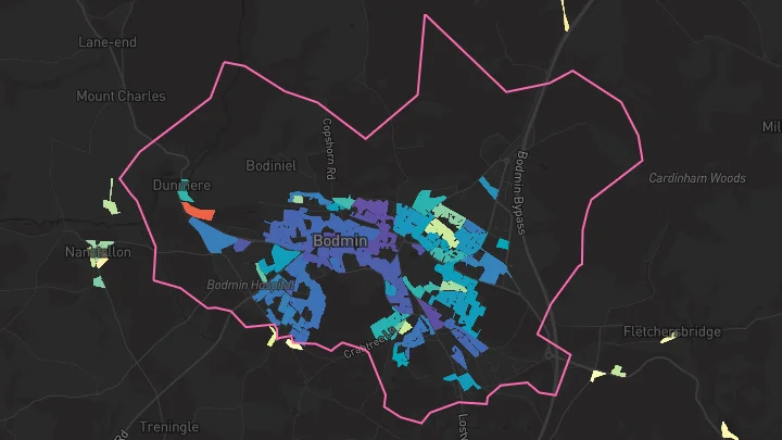 House price heatmap showing property values across Bodmin