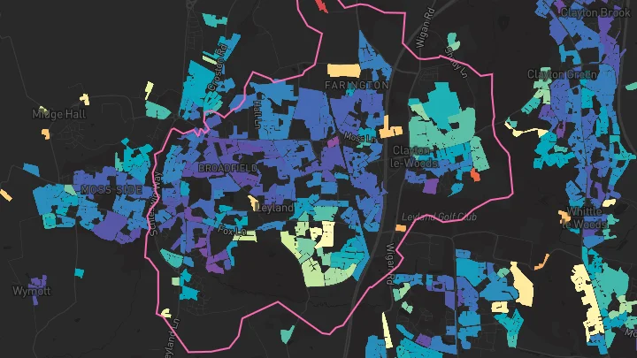 House price heatmap showing property values across Leyland