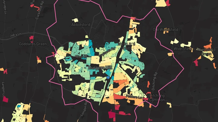 House price heatmap showing property values across Burgess Hill