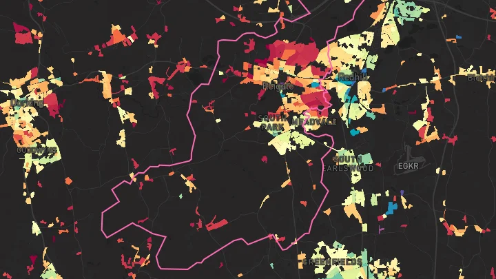 House price heatmap showing property values across Reigate