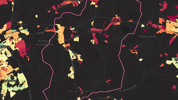 House price heatmap showing property values across Brockham