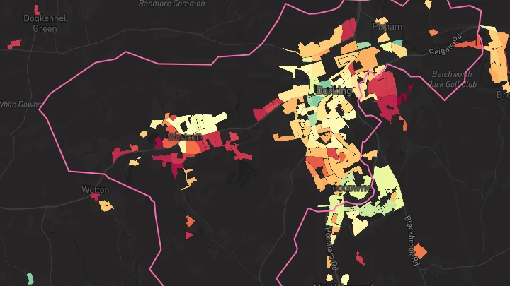 House price heatmap showing property values across Dorking