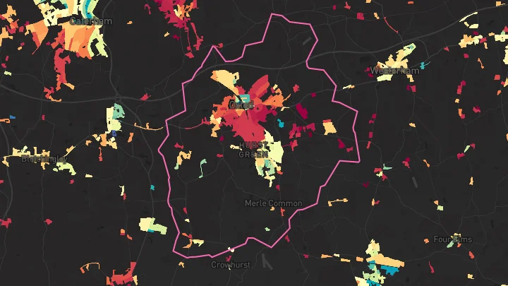 House price heatmap showing property values across Oxted