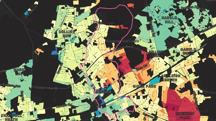House price heatmap showing property values across Romford